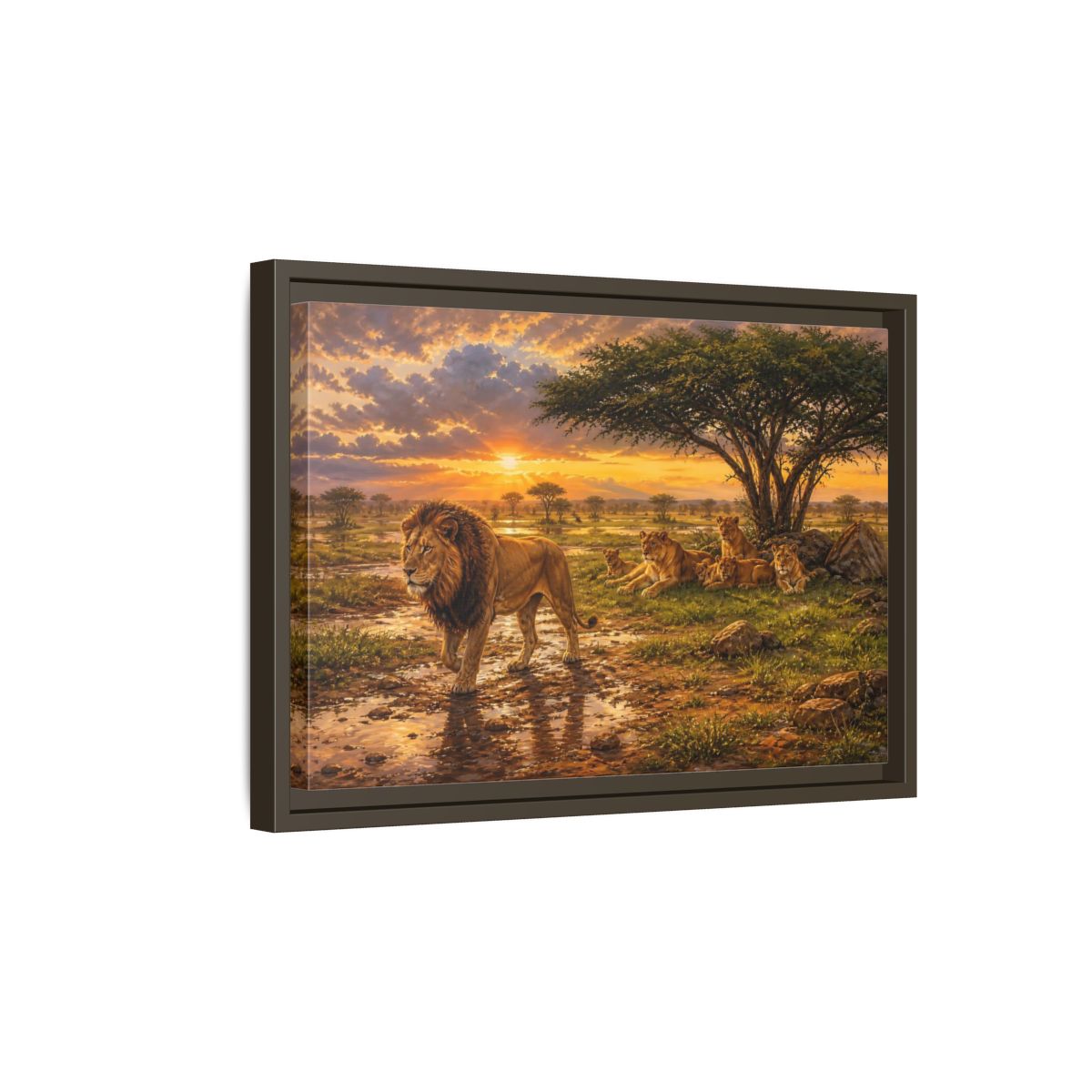 Side Mockup 5. Animals Lion Family Lion Sunset shown as stretched canvas wall art