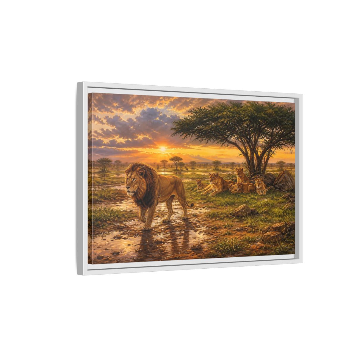 Side Mockup 1. Animals Lion Family Lion Sunset shown as stretched canvas wall art