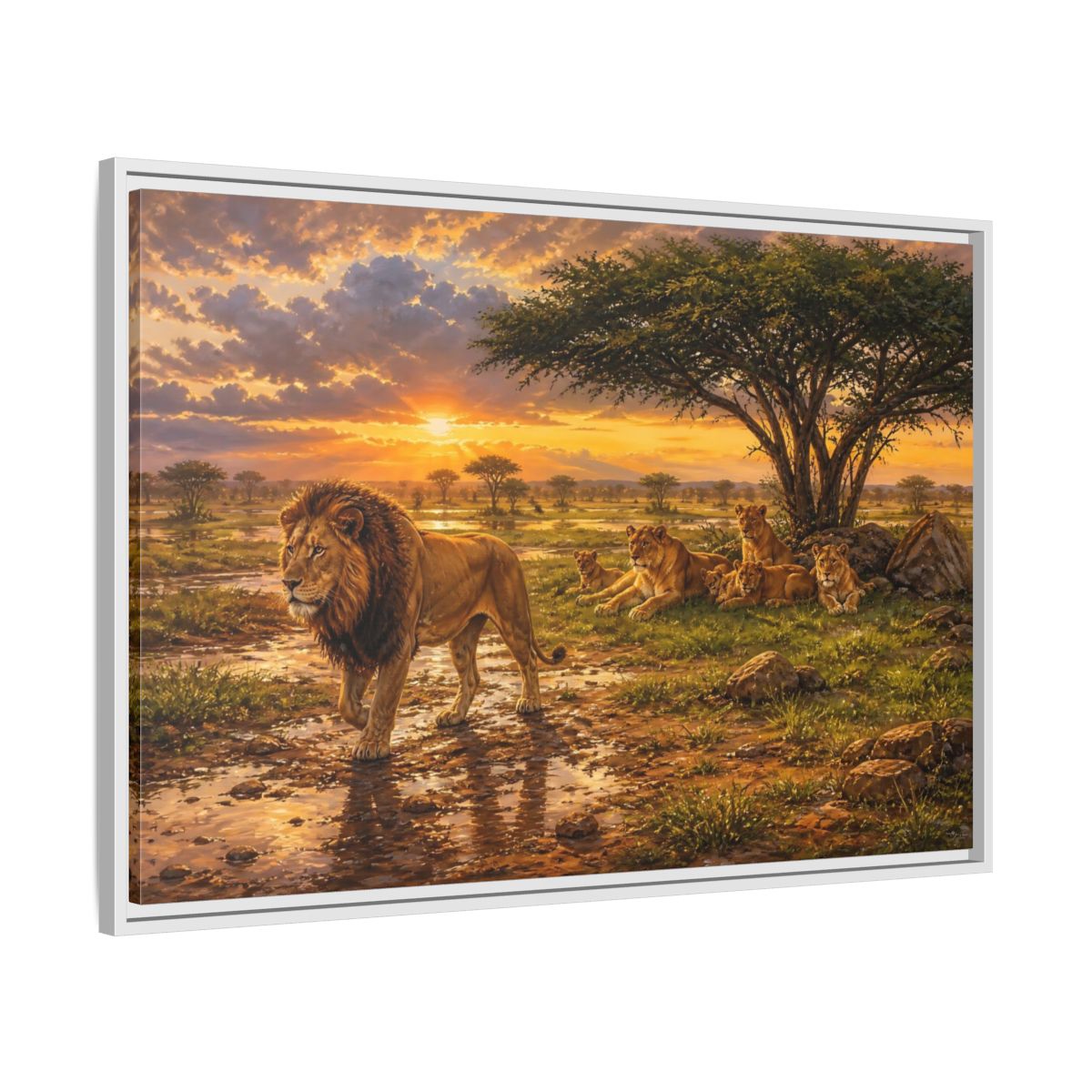 Side Mockup 9. Animals Lion Family Lion Sunset shown as stretched canvas wall art