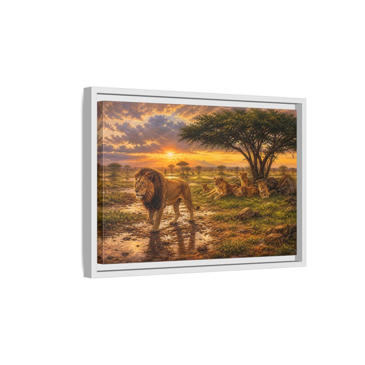 Side Mockup 4. Animals Lion Family Lion Sunset shown as stretched canvas wall art