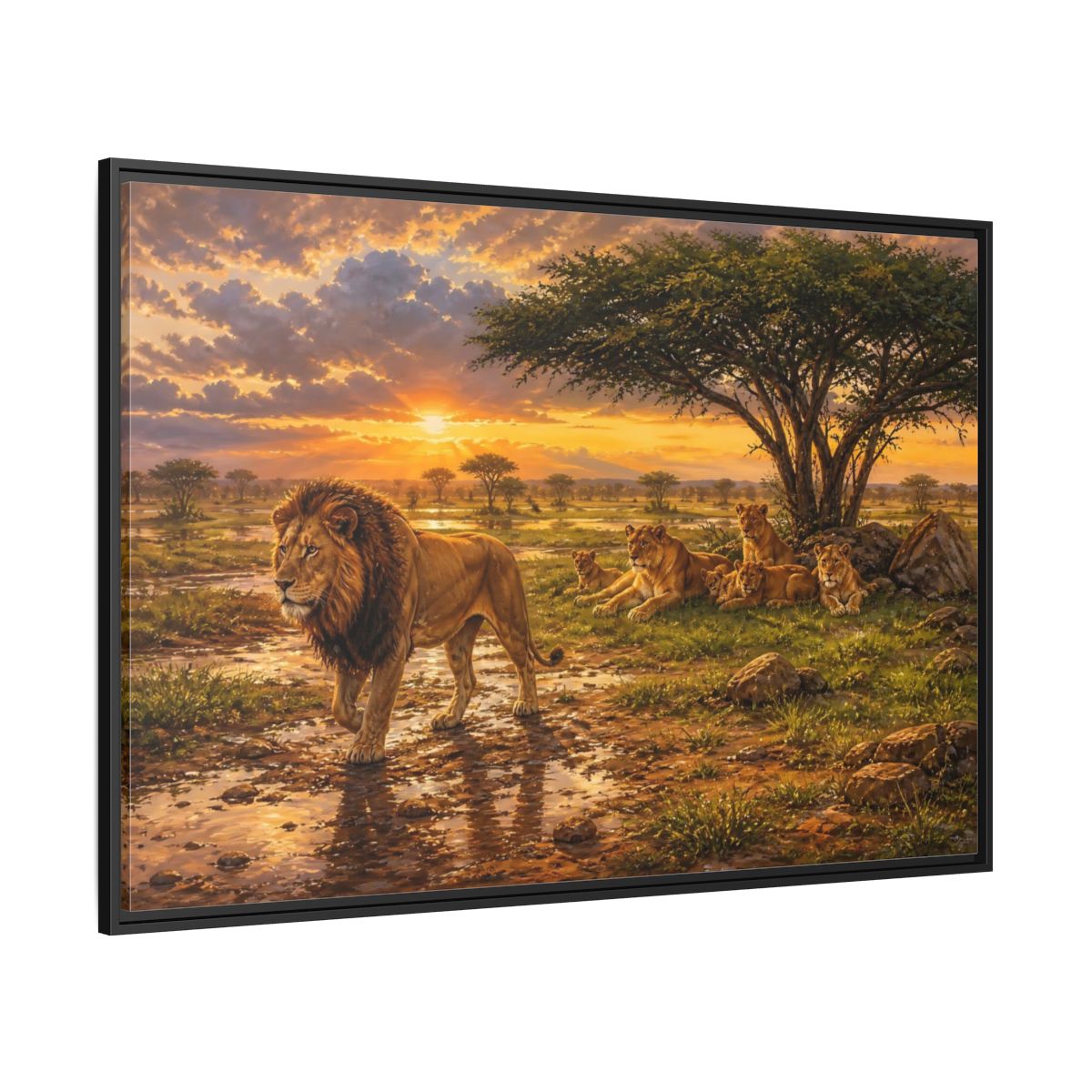 Side Mockup 12. Animals Lion Family Lion Sunset shown as stretched canvas wall art
