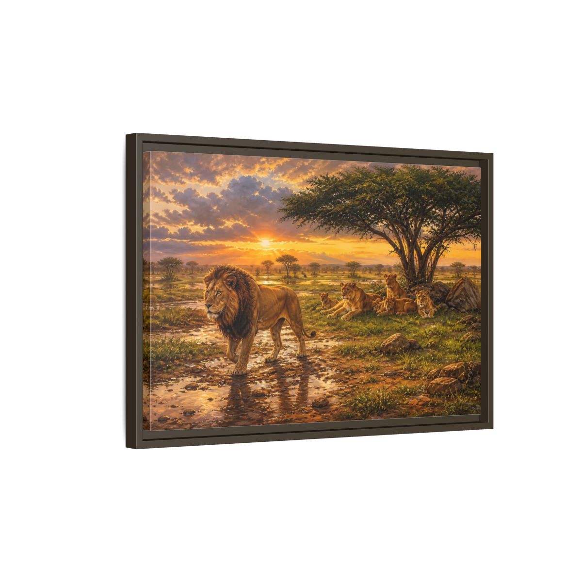 Side Mockup 2. Animals Lion Family Lion Sunset shown as stretched canvas wall art