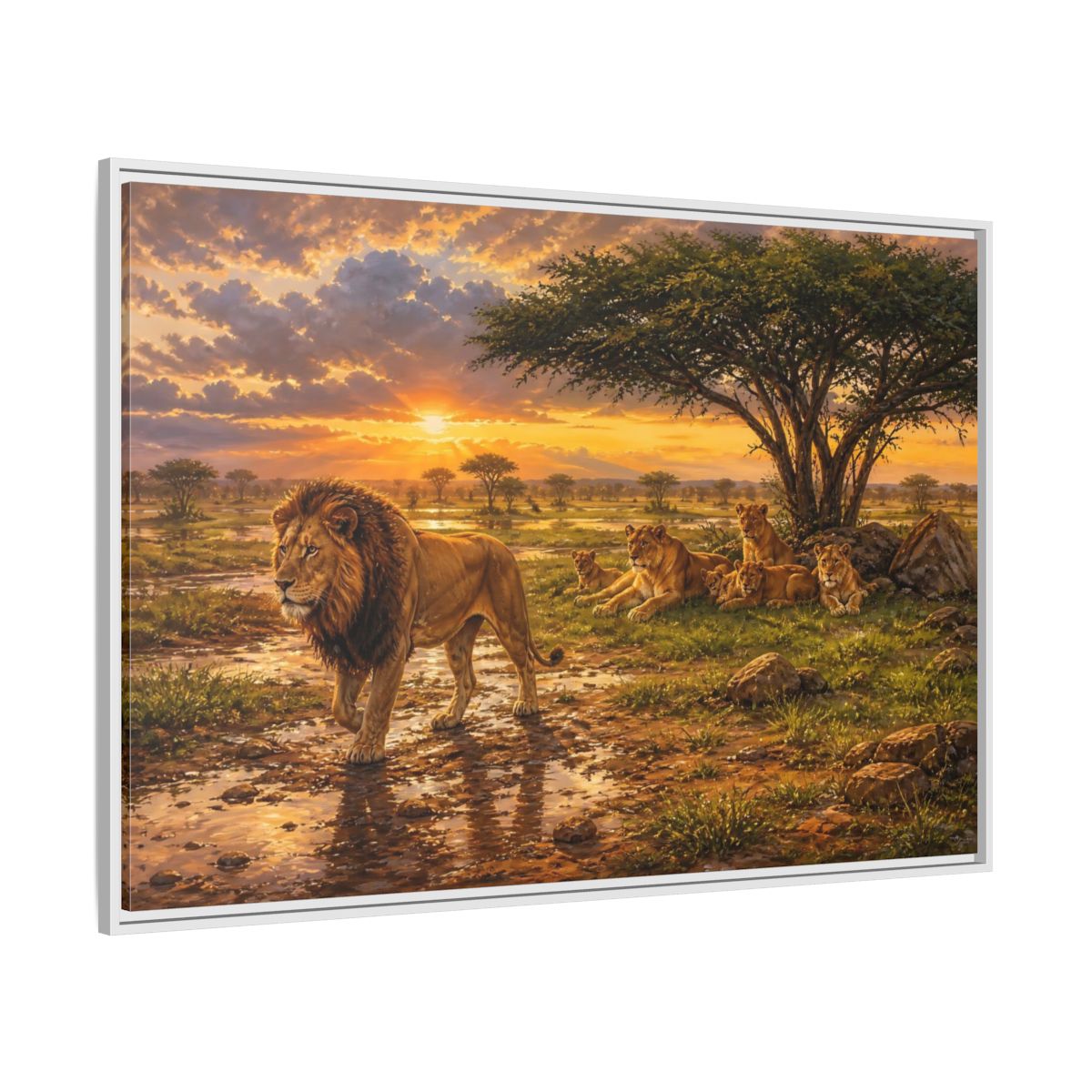 Side Mockup 7. Animals Lion Family Lion Sunset shown as stretched canvas wall art
