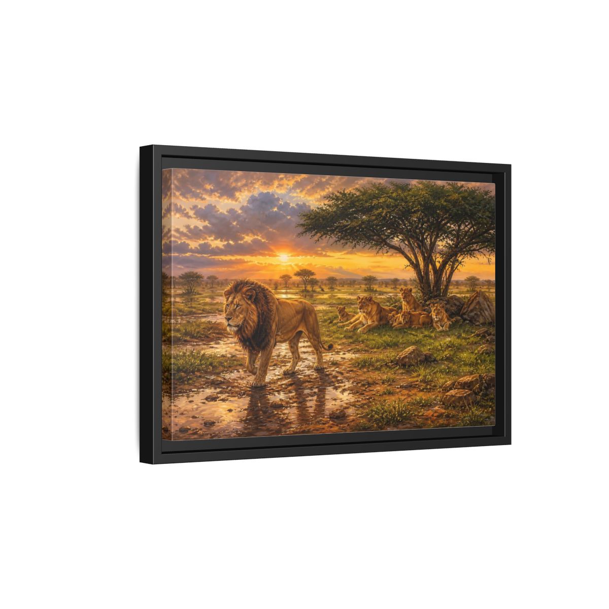 Side Mockup 6. Animals Lion Family Lion Sunset shown as stretched canvas wall art