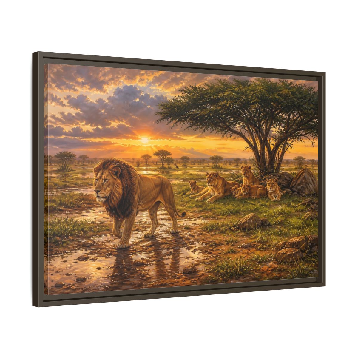 Side Mockup 11. Animals Lion Family Lion Sunset shown as stretched canvas wall art
