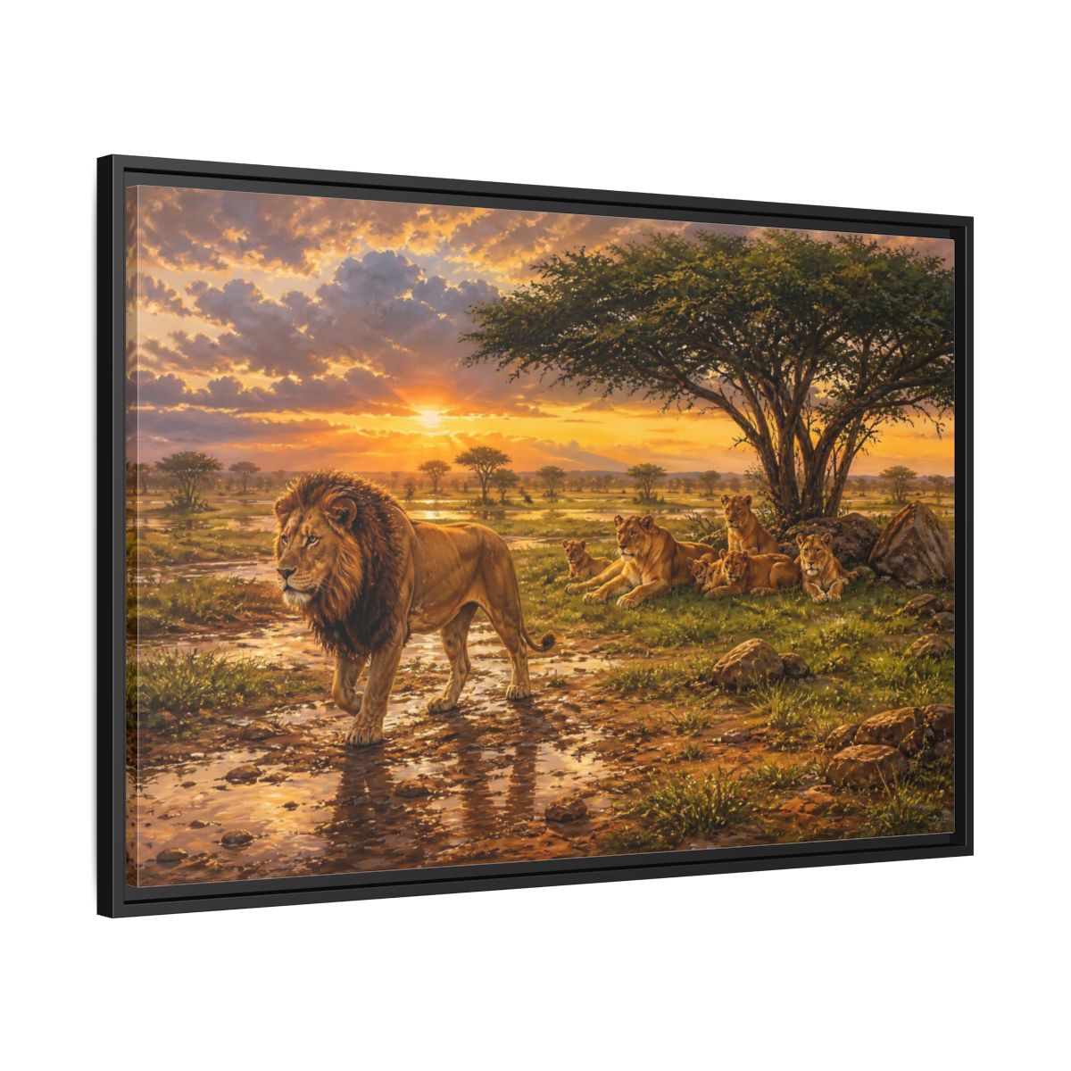 Side Mockup 13. Animals Lion Family Lion Sunset shown as stretched canvas wall art