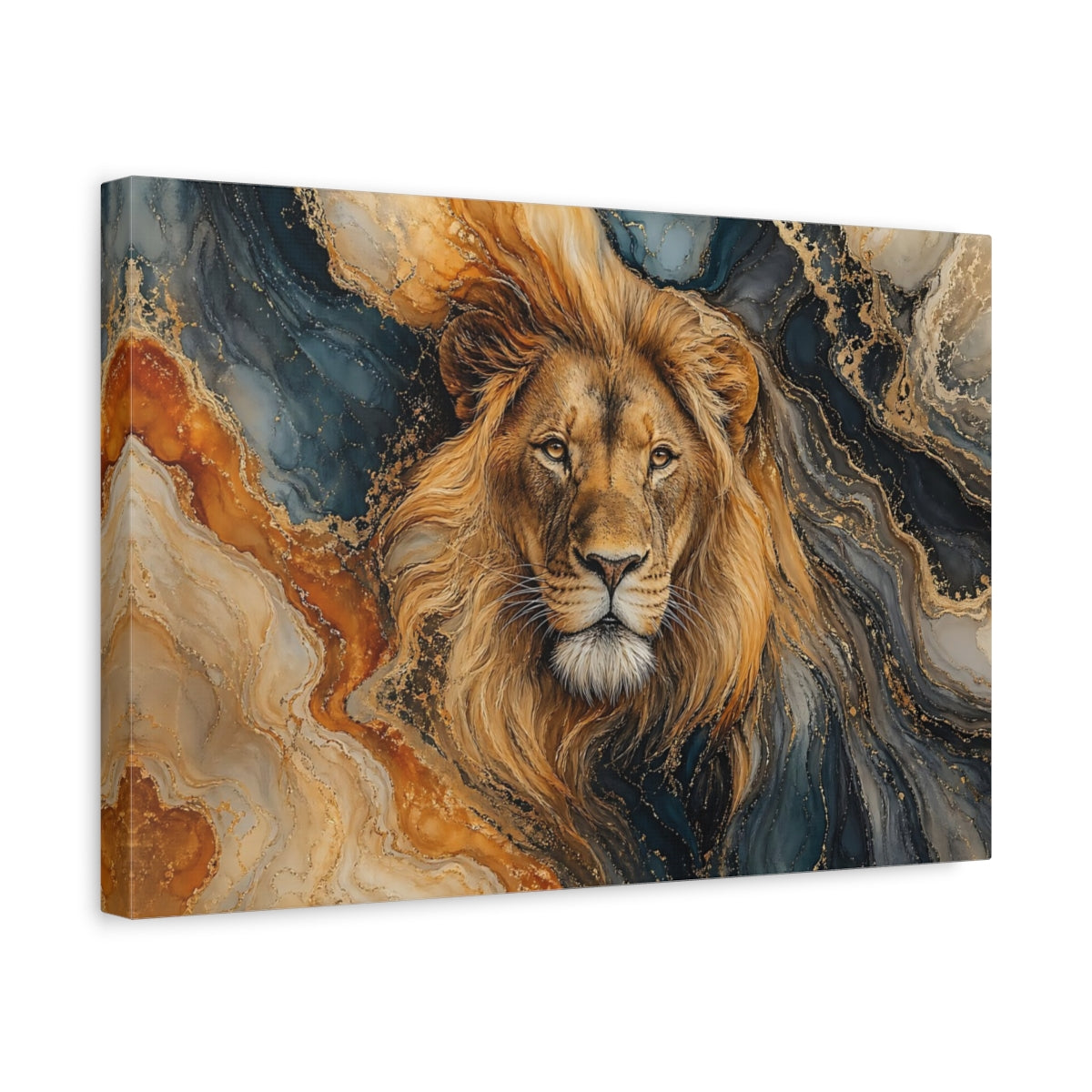 Side Mockup 4. Animals Lion Gold And Blue Lion shown as stretched canvas wall art