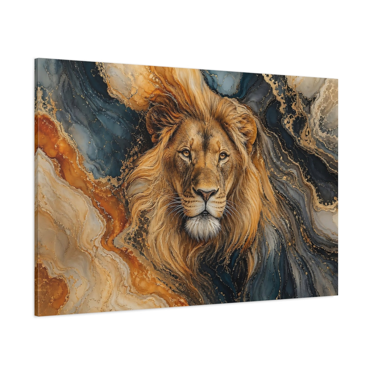 Side Mockup 1. Animals Lion Gold And Blue Lion shown as stretched canvas wall art