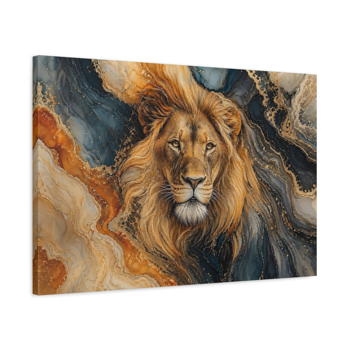 Side Mockup 2. Animals Lion Gold And Blue Lion shown as stretched canvas wall art