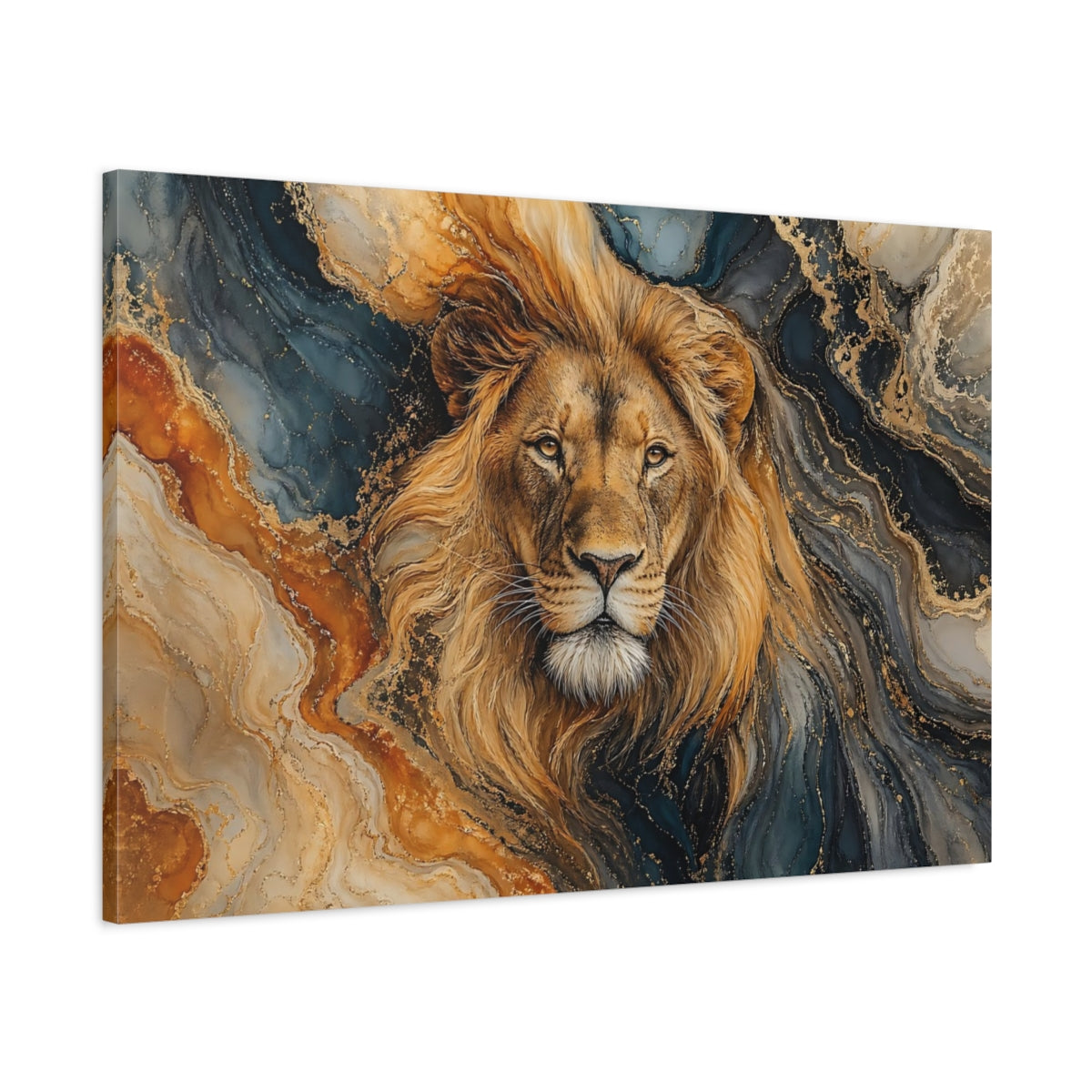 Main Mockup. Animals Lion Gold And Blue Lion shown as stretched canvas wall art
