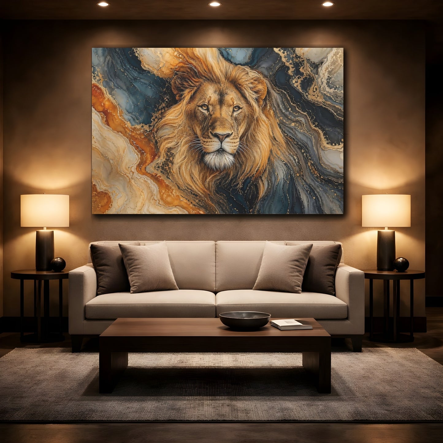 Mockup 2. Animals Lion Gold And Blue Lion shown as stretched canvas wall art