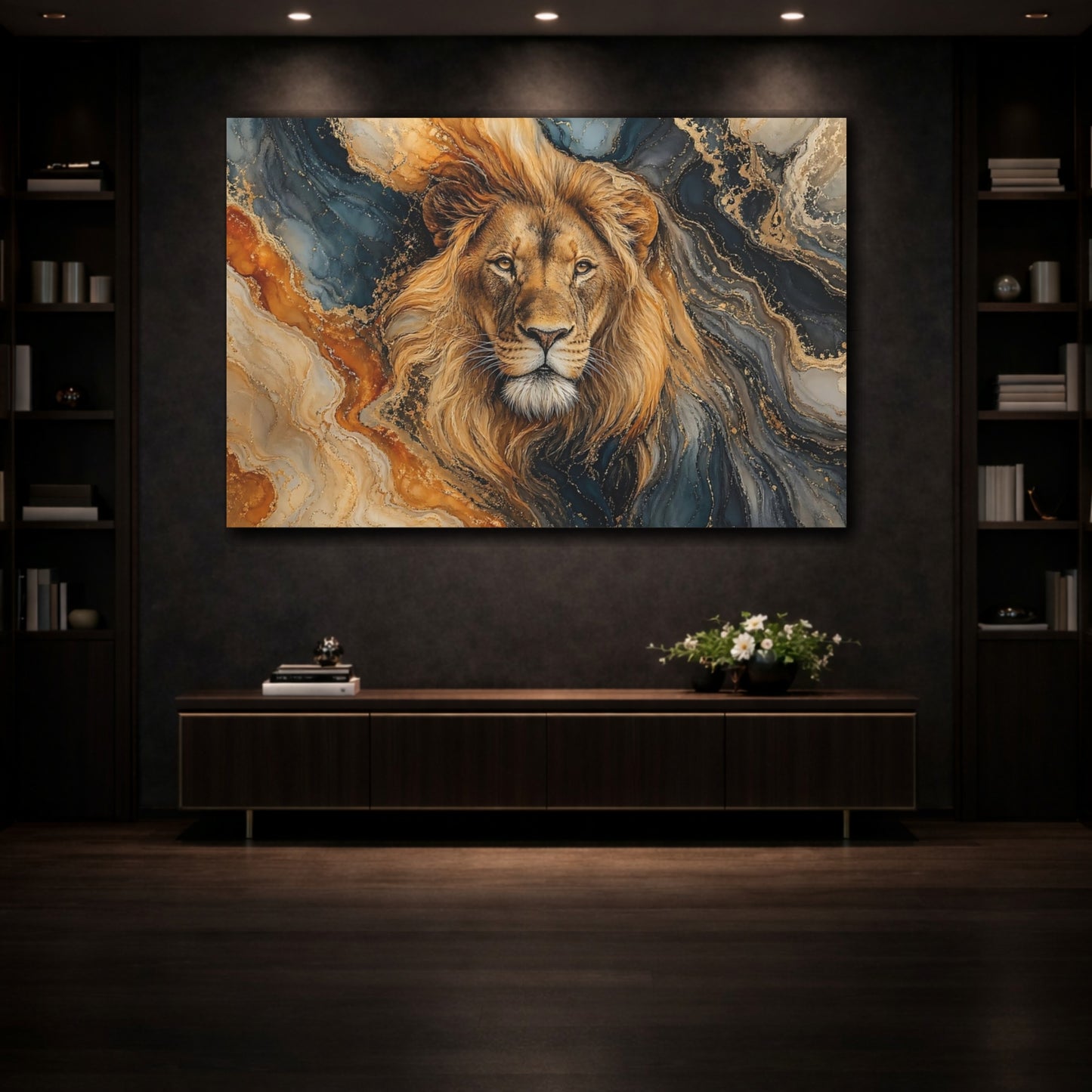 Mockup 3. Animals Lion Gold And Blue Lion shown as stretched canvas wall art