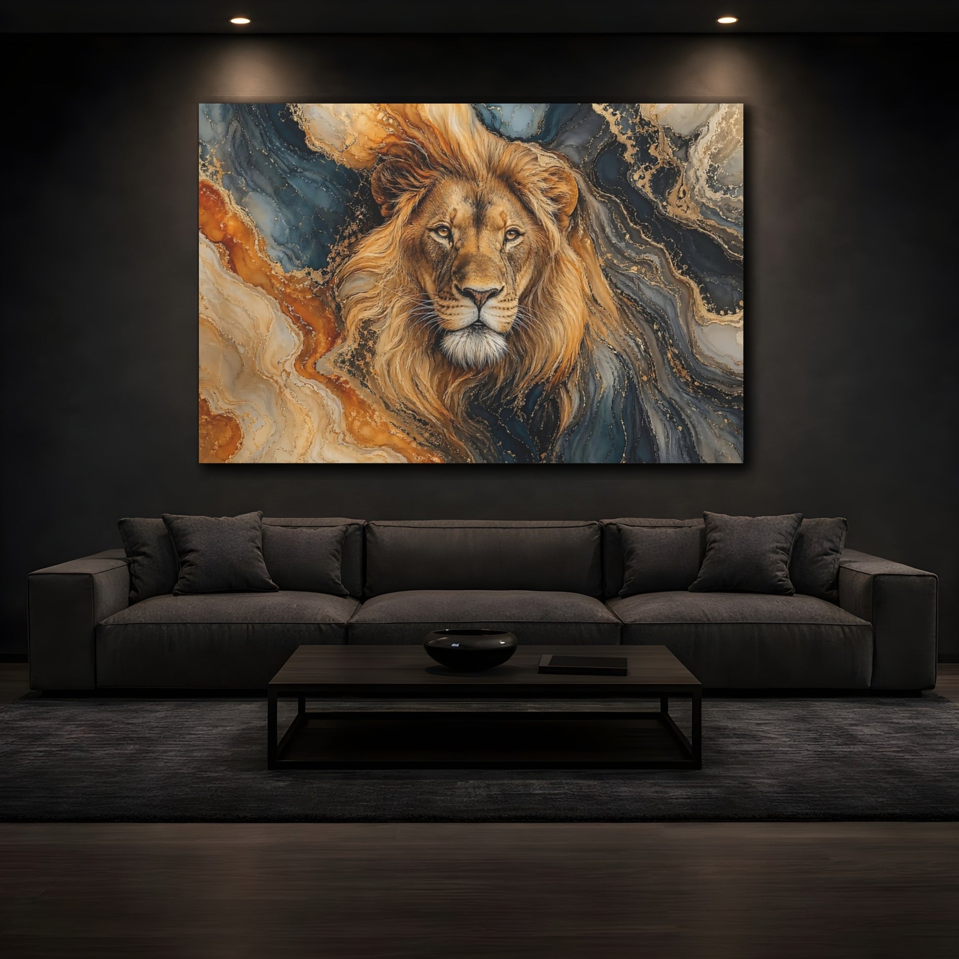 Mockup 4. Animals Lion Gold And Blue Lion shown as stretched canvas wall art