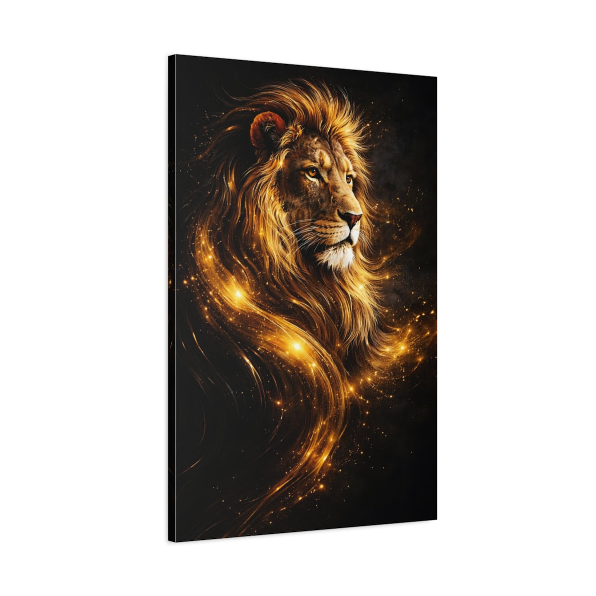 Side Mockup 1. Animals Lion Gold Lion Art shown as stretched canvas wall art
