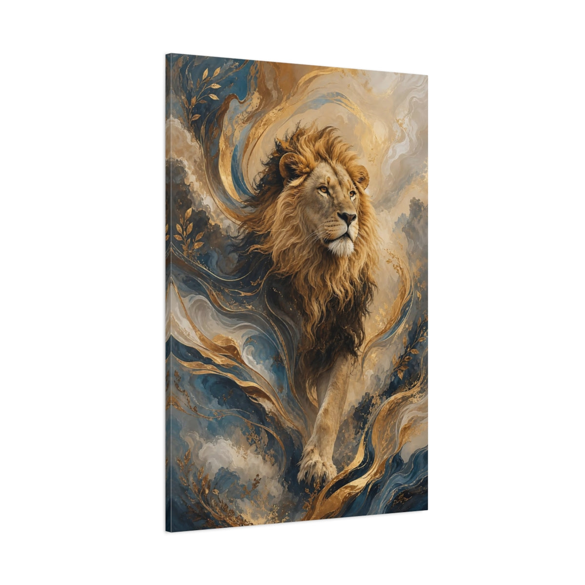 Side Mockup 1. Animals Lion Lion Gold Blue shown as stretched canvas wall art