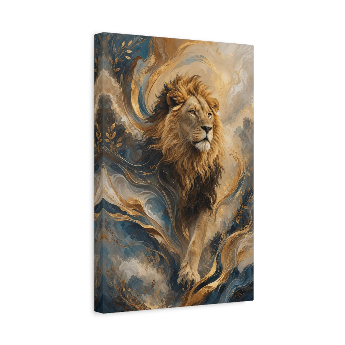 Side Mockup 4. Animals Lion Lion Gold Blue shown as stretched canvas wall art