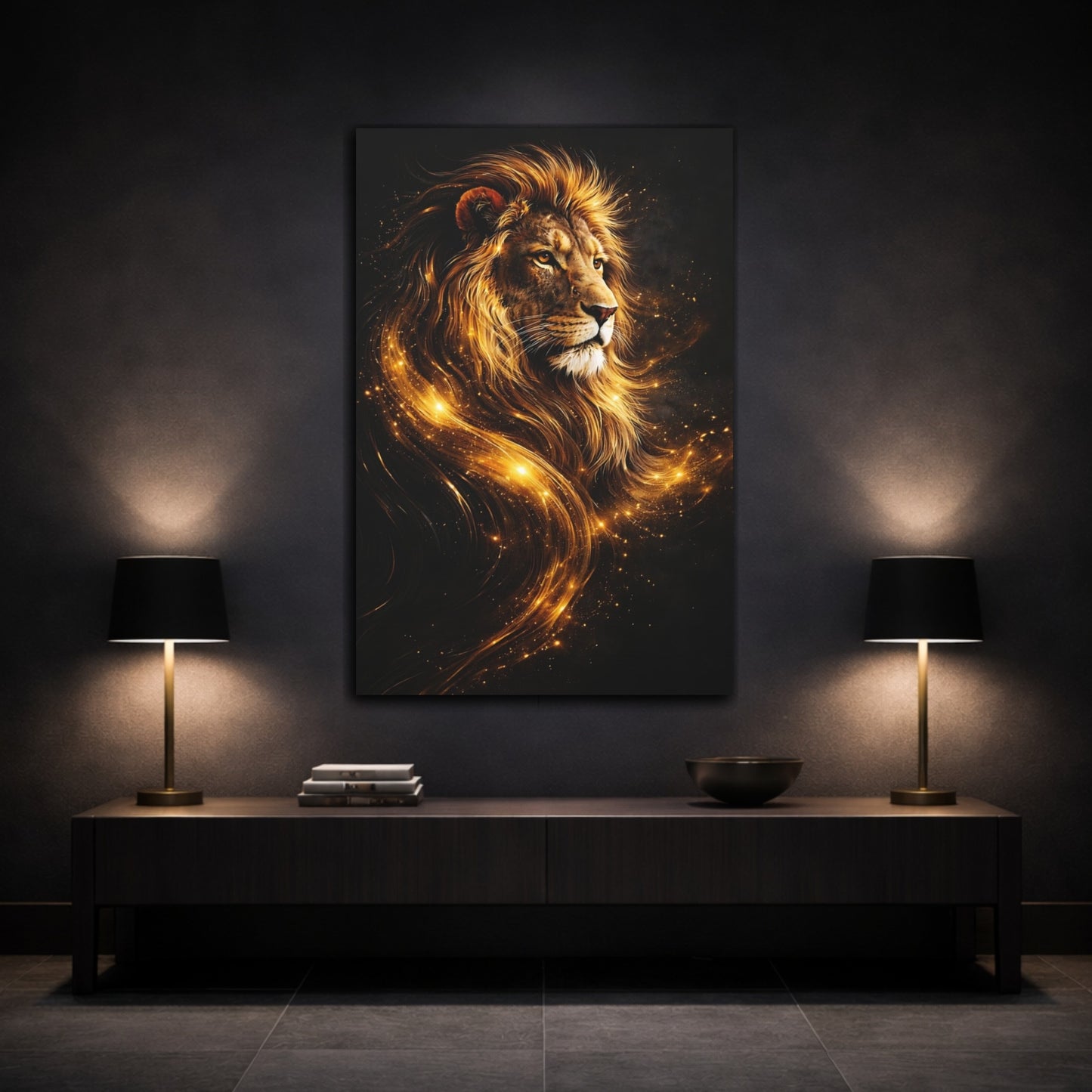 Mockup 2. Animals Lion Gold Lion Art shown as stretched canvas wall art