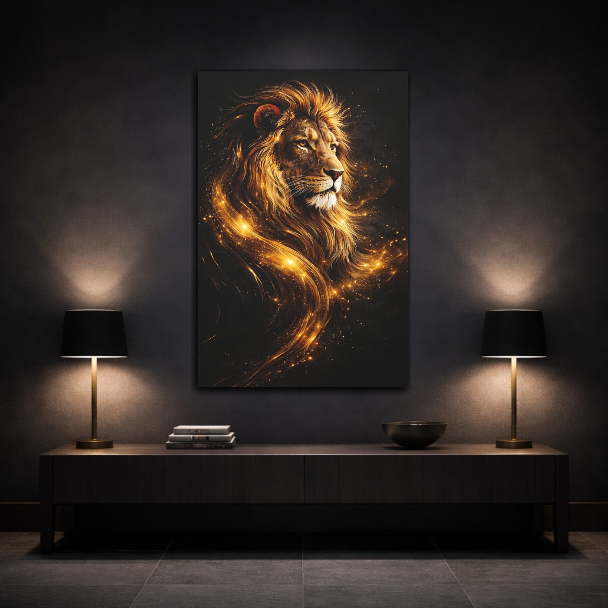 Mockup 2. Animals Lion Gold Lion Art shown as stretched canvas wall art
