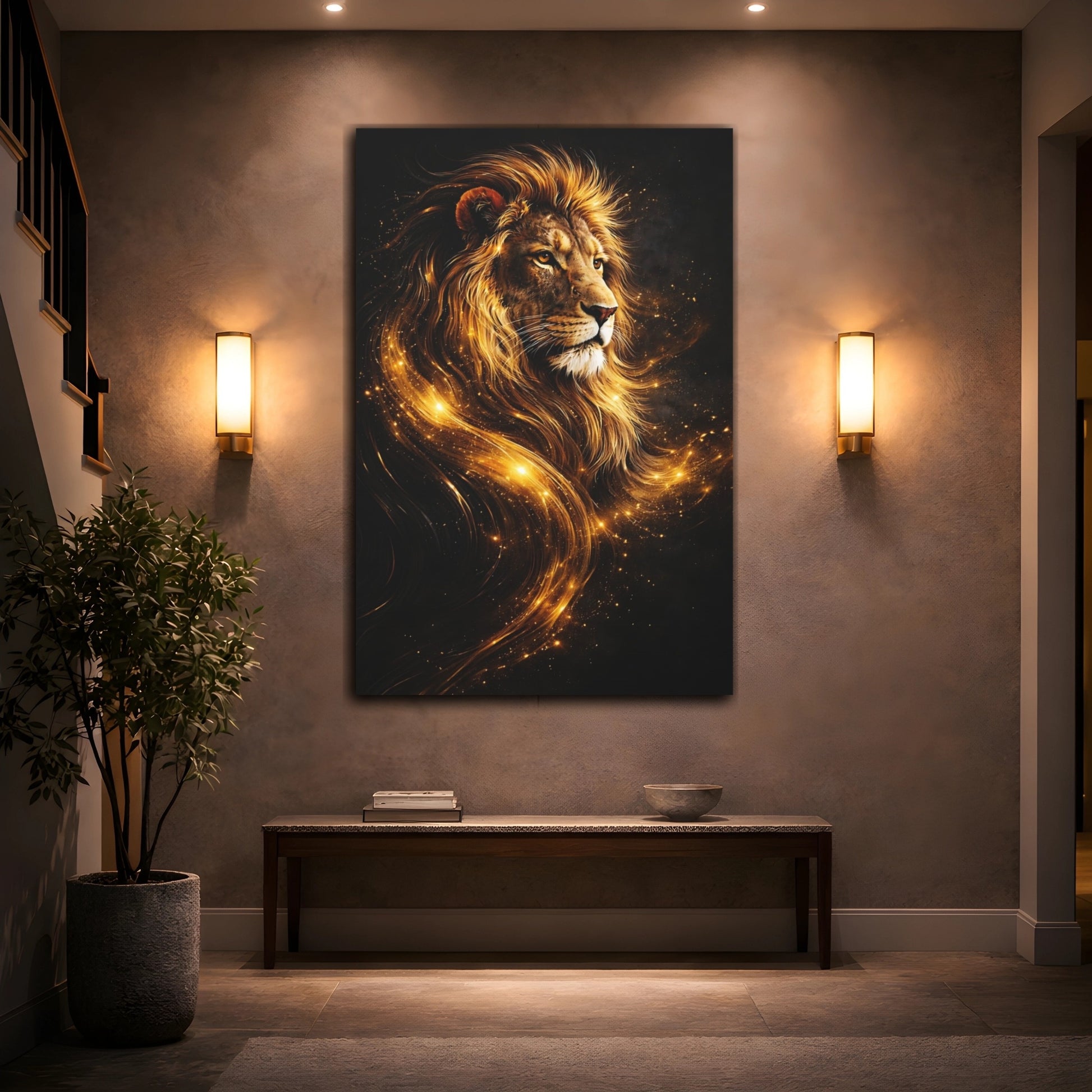 Mockup 3. Animals Lion Gold Lion Art shown as stretched canvas wall art