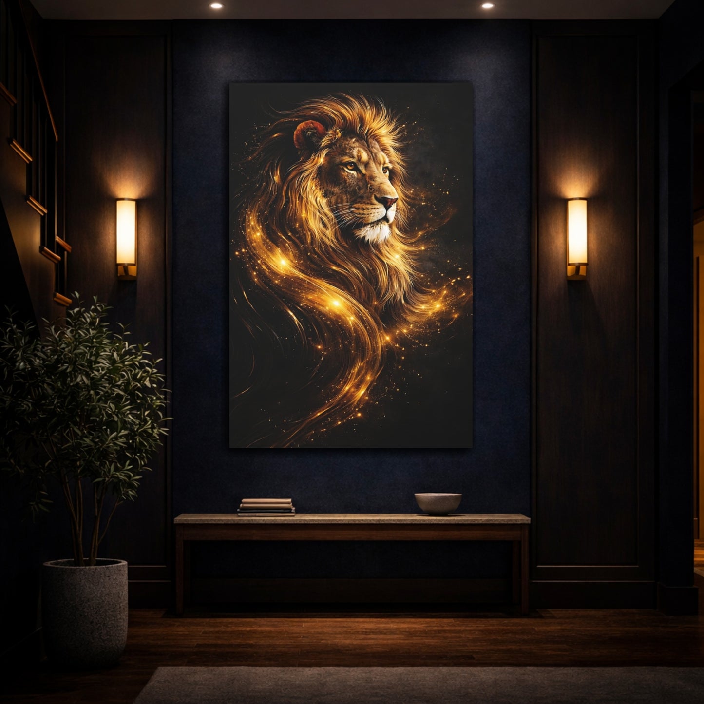 Mockup 4. Animals Lion Gold Lion Art shown as stretched canvas wall art