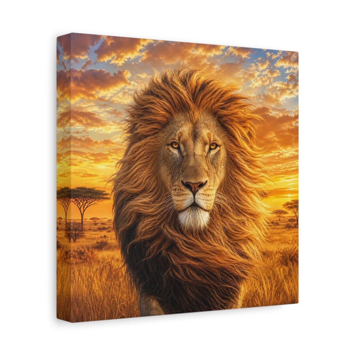 Side Mockup 9. Animals Lion Golden Lion shown as stretched canvas wall art