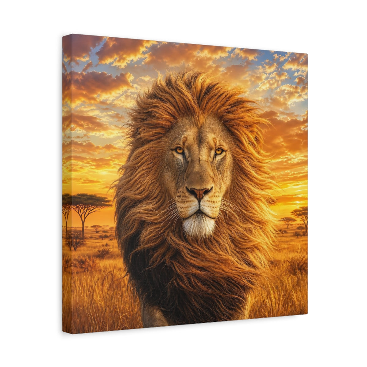 Side Mockup 6. Animals Lion Golden Lion shown as stretched canvas wall art