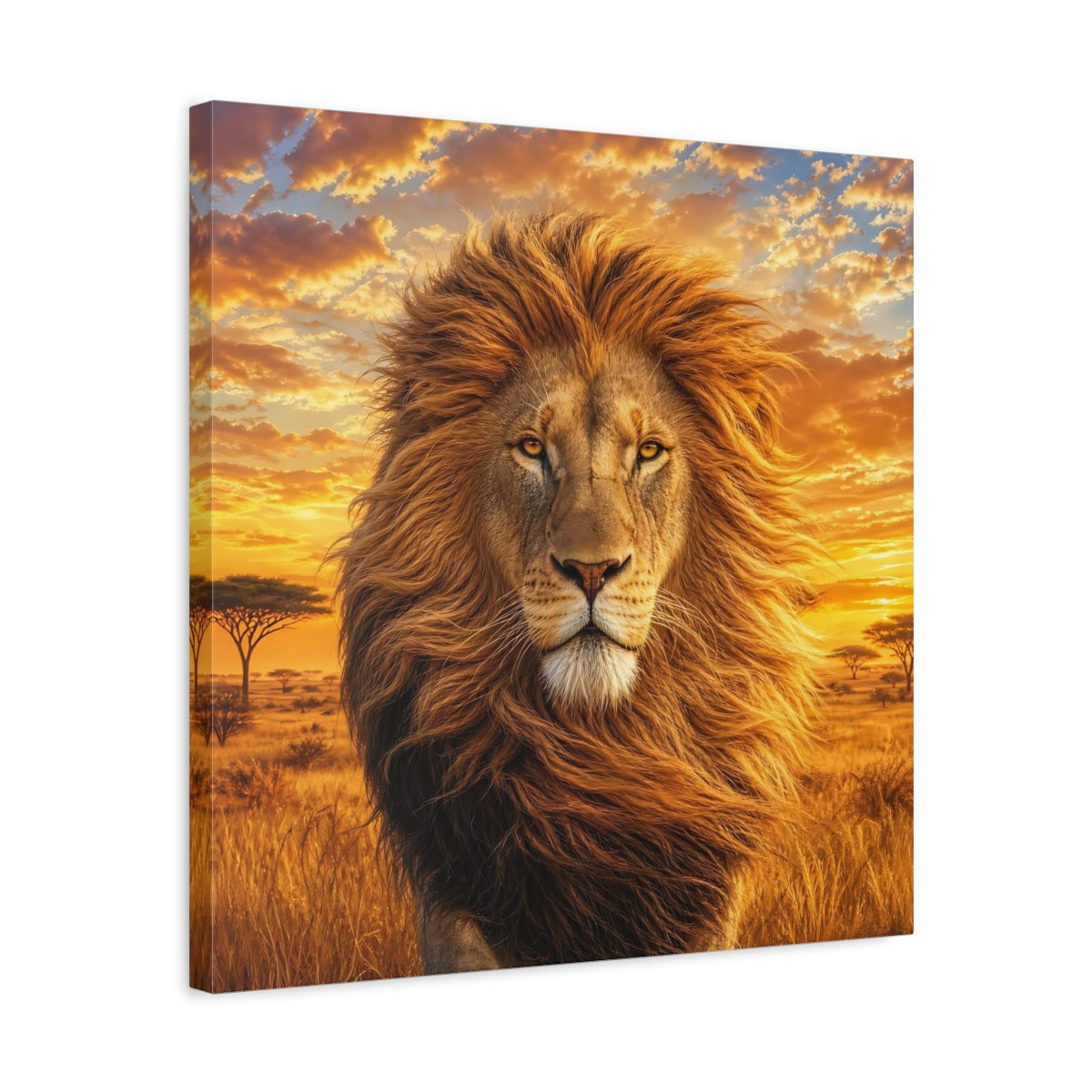 Side Mockup 5. Animals Lion Golden Lion shown as stretched canvas wall art