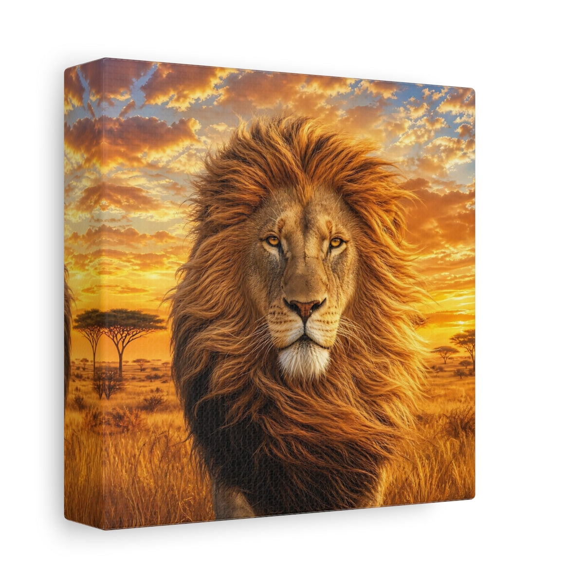 Side Mockup 2. Animals Lion Golden Lion shown as stretched canvas wall art