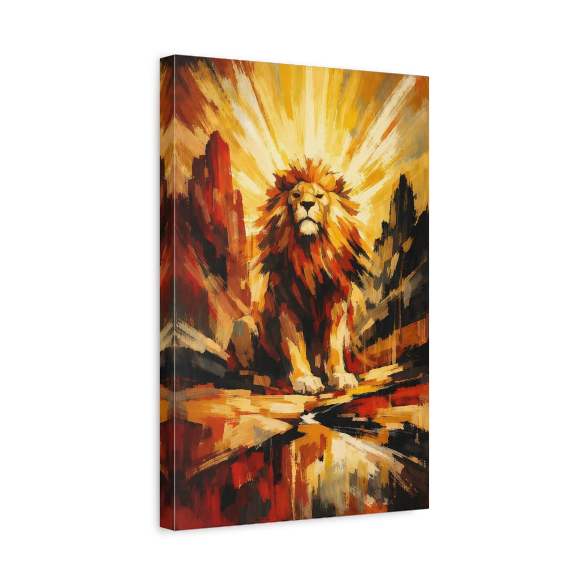 Side Mockup 4. Animals Lion Golden Lion shown as stretched canvas wall art