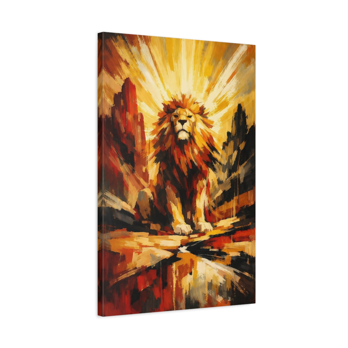 Side Mockup 2. Animals Lion Golden Lion shown as stretched canvas wall art