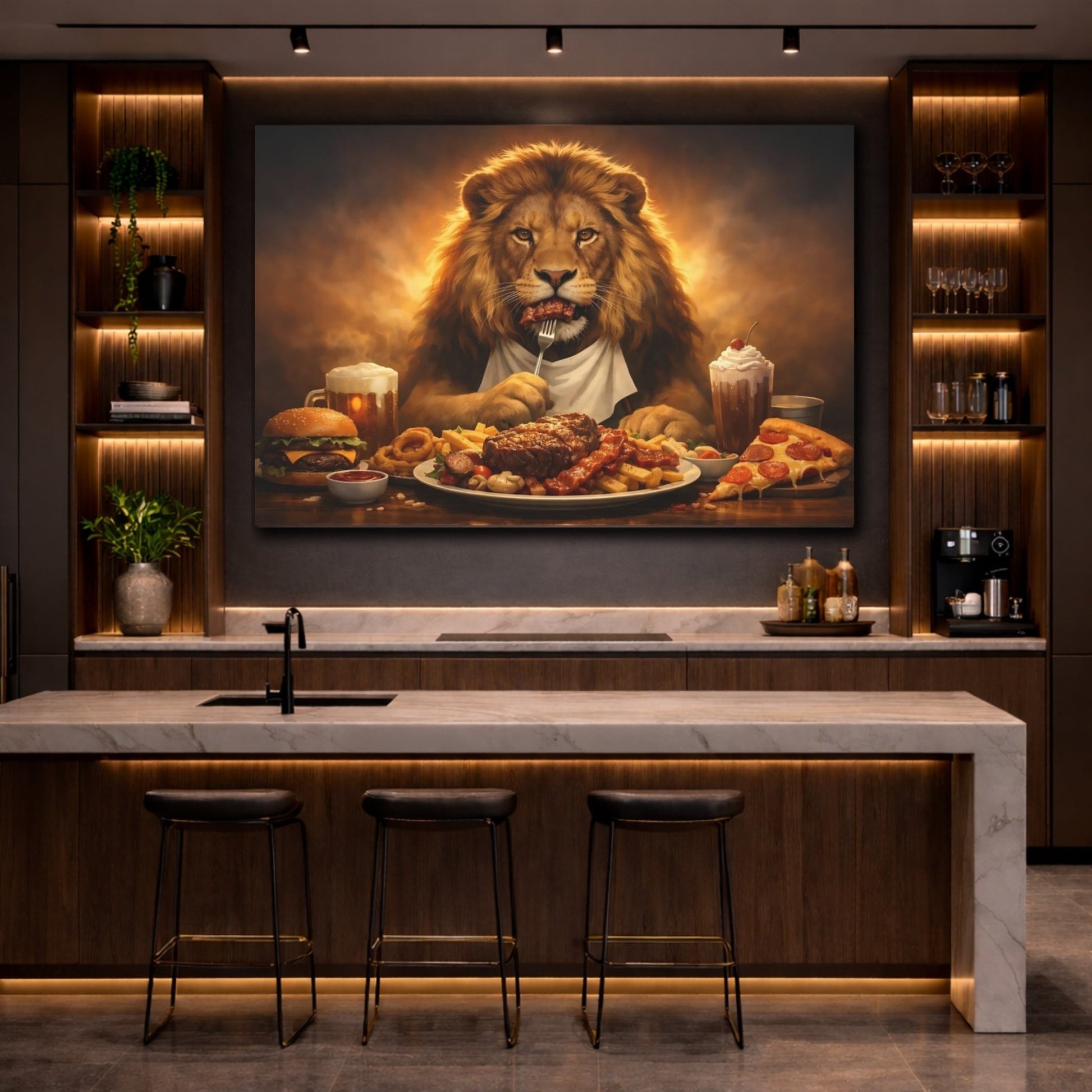 Animals Lion Golden Feast - Canvas Wall Art Print - YesArtYes