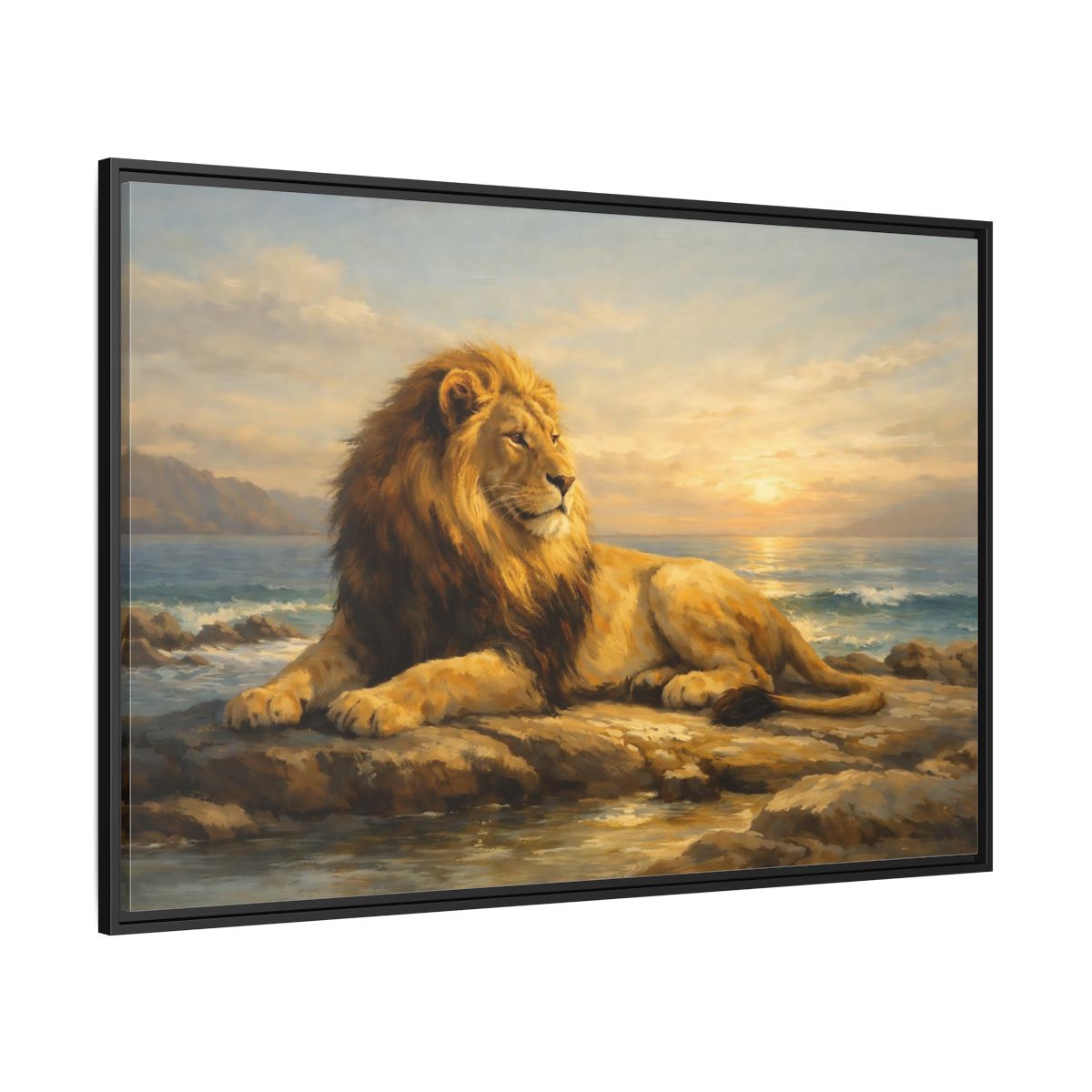Side Mockup 12. Animals Lion Golden Lion shown as stretched canvas wall art