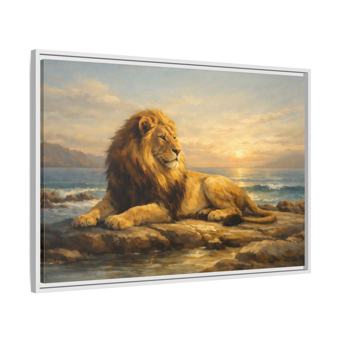 Side Mockup 8. Animals Lion Golden Lion shown as stretched canvas wall art