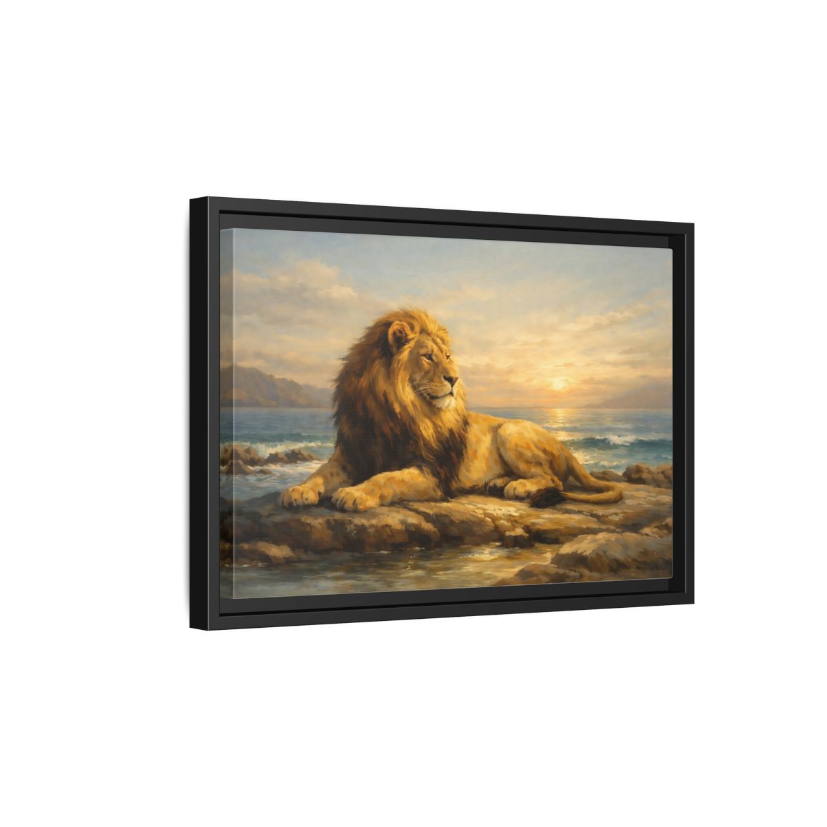Side Mockup 6. Animals Lion Golden Lion shown as stretched canvas wall art