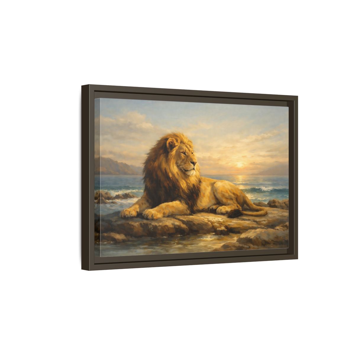 Side Mockup 5. Animals Lion Golden Lion shown as stretched canvas wall art