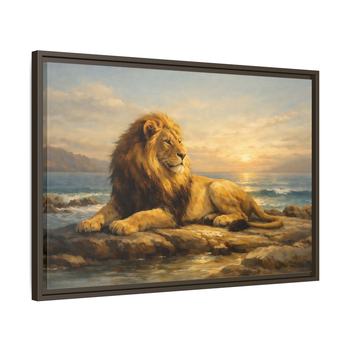 Side Mockup 11. Animals Lion Golden Lion shown as stretched canvas wall art