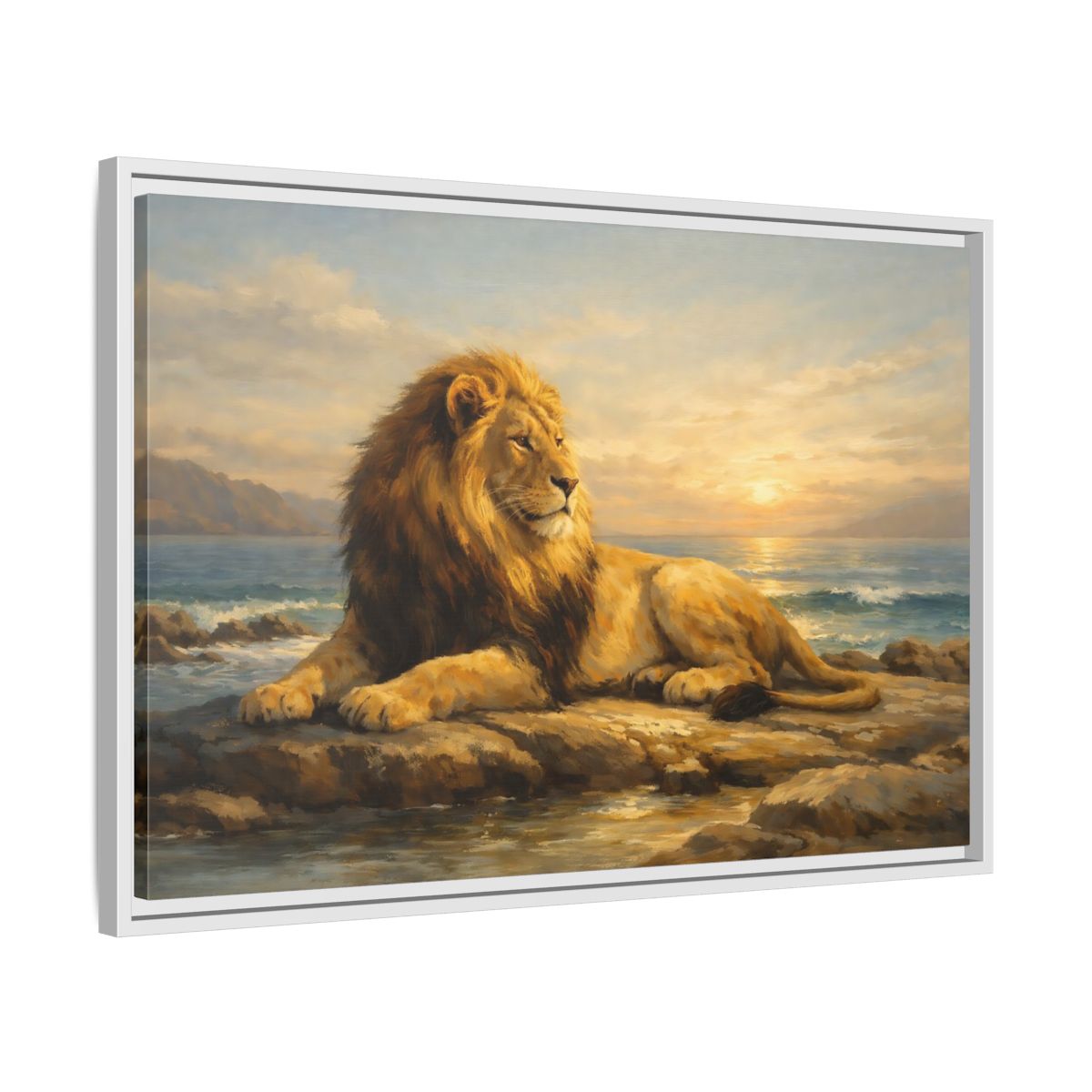 Side Mockup 10. Animals Lion Golden Lion shown as stretched canvas wall art