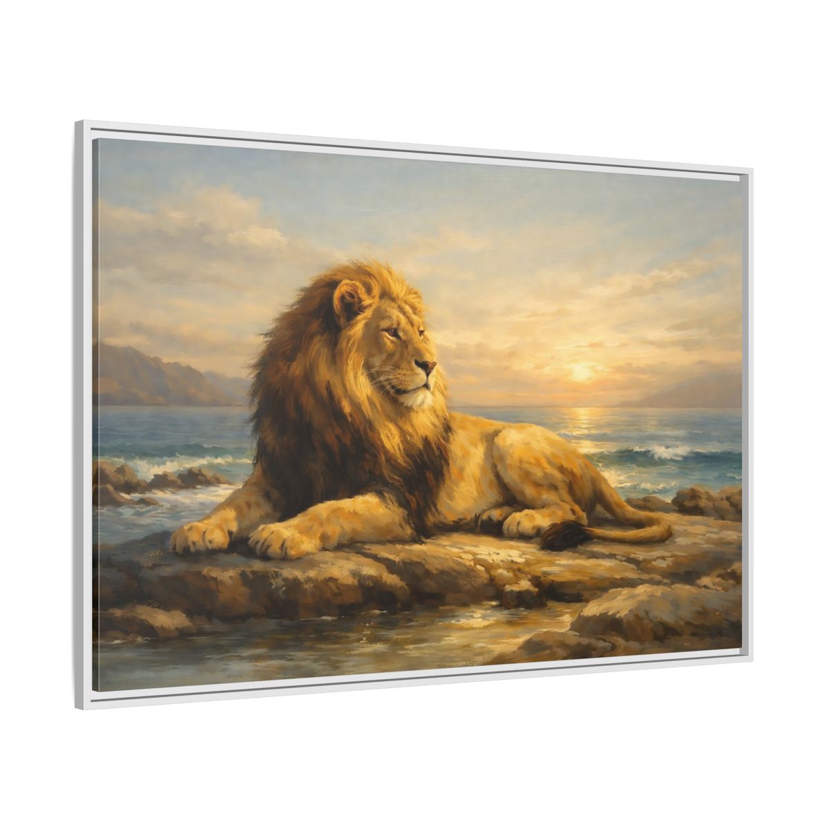 Side Mockup 7. Animals Lion Golden Lion shown as stretched canvas wall art