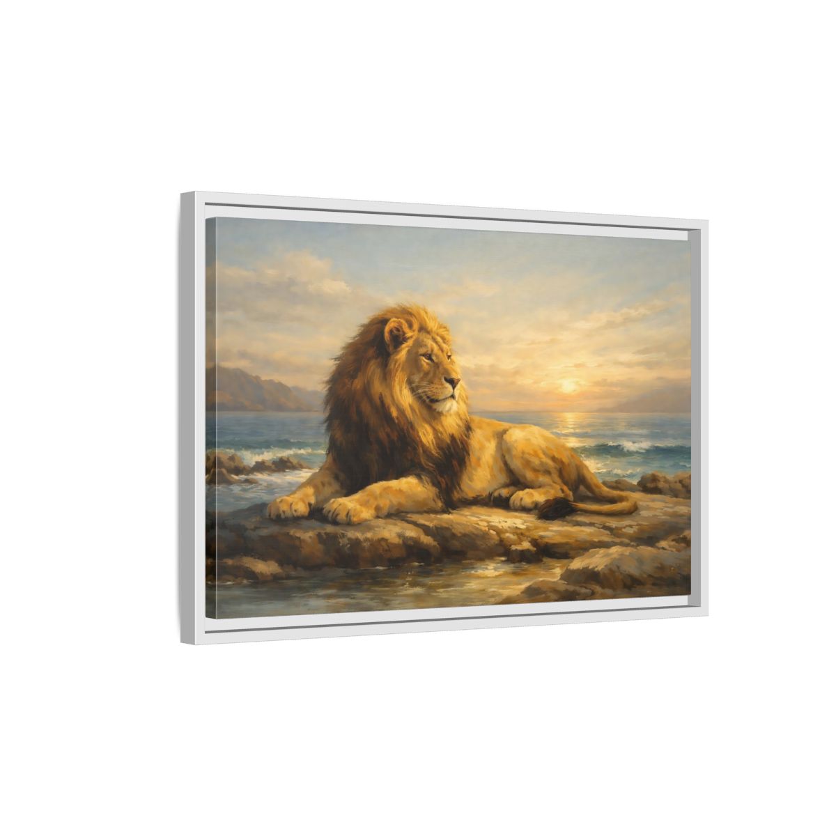 Side Mockup 1. Animals Lion Golden Lion shown as stretched canvas wall art