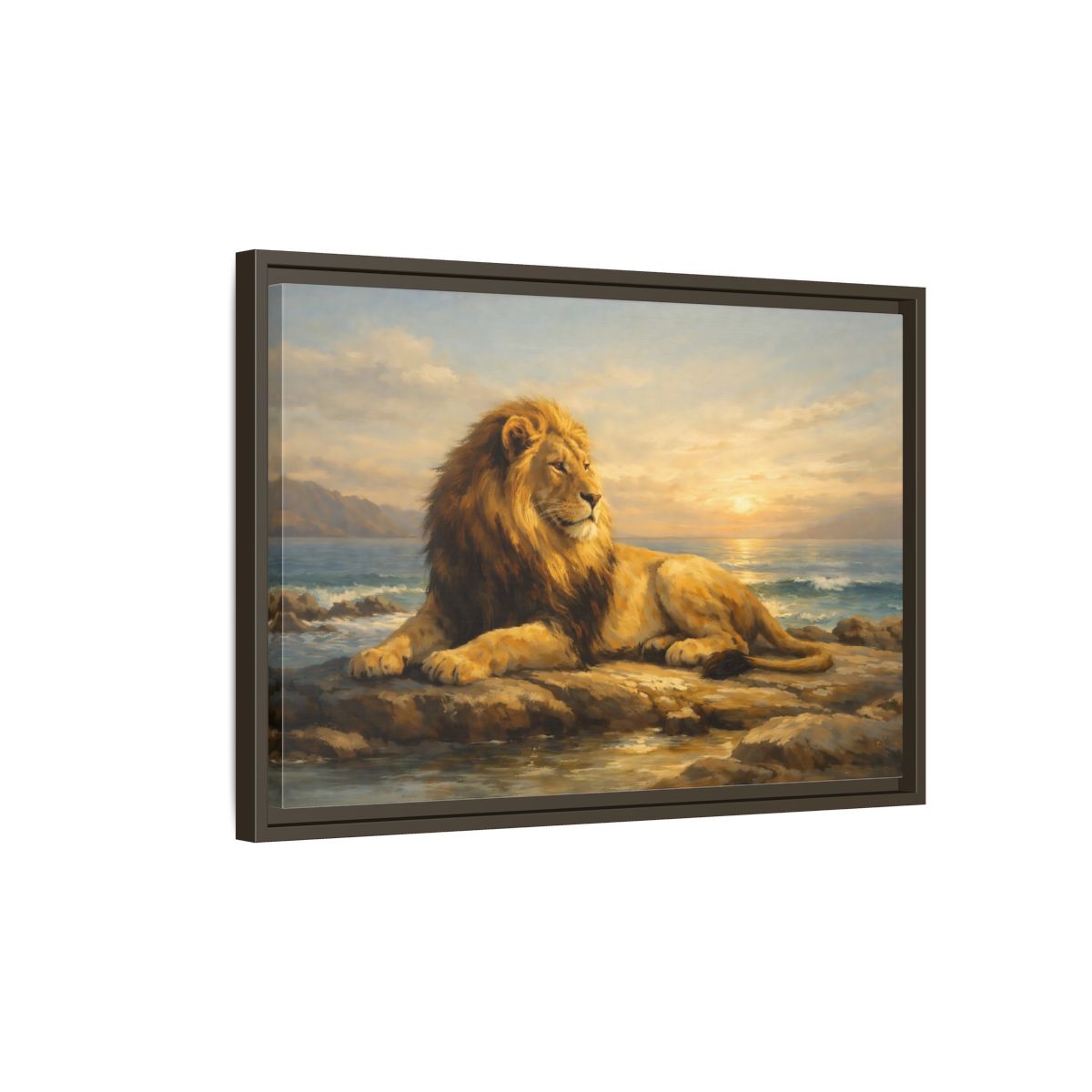 Side Mockup 2. Animals Lion Golden Lion shown as stretched canvas wall art