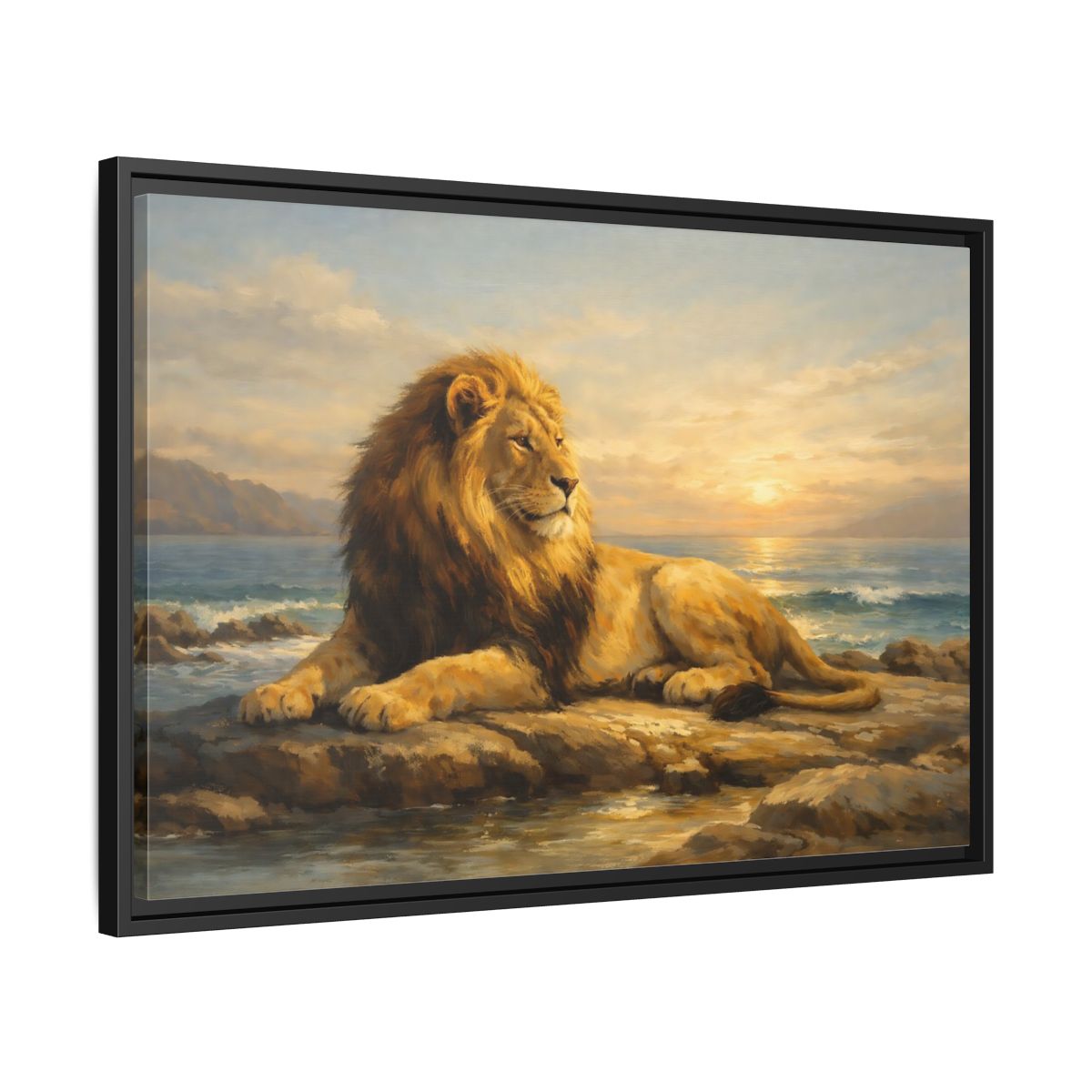Side Mockup 14. Animals Lion Golden Lion shown as stretched canvas wall art