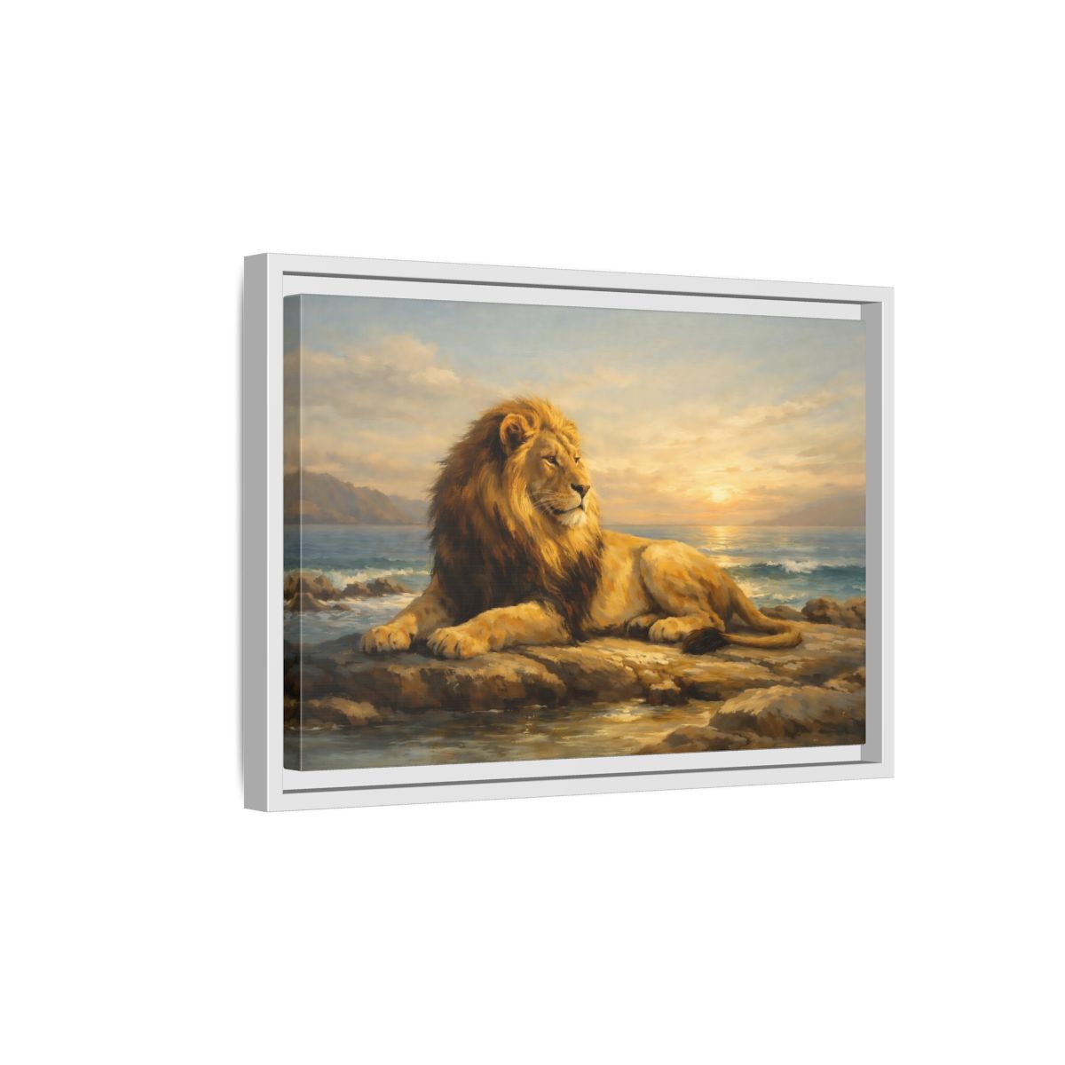 Side Mockup 4. Animals Lion Golden Lion shown as stretched canvas wall art