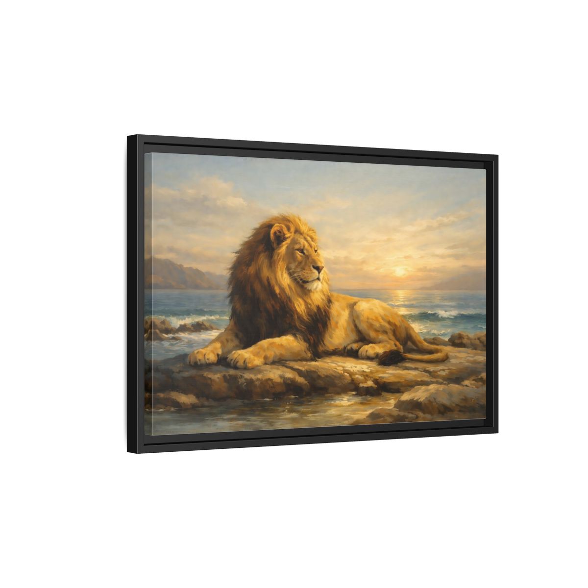 Side Mockup 3. Animals Lion Golden Lion shown as stretched canvas wall art