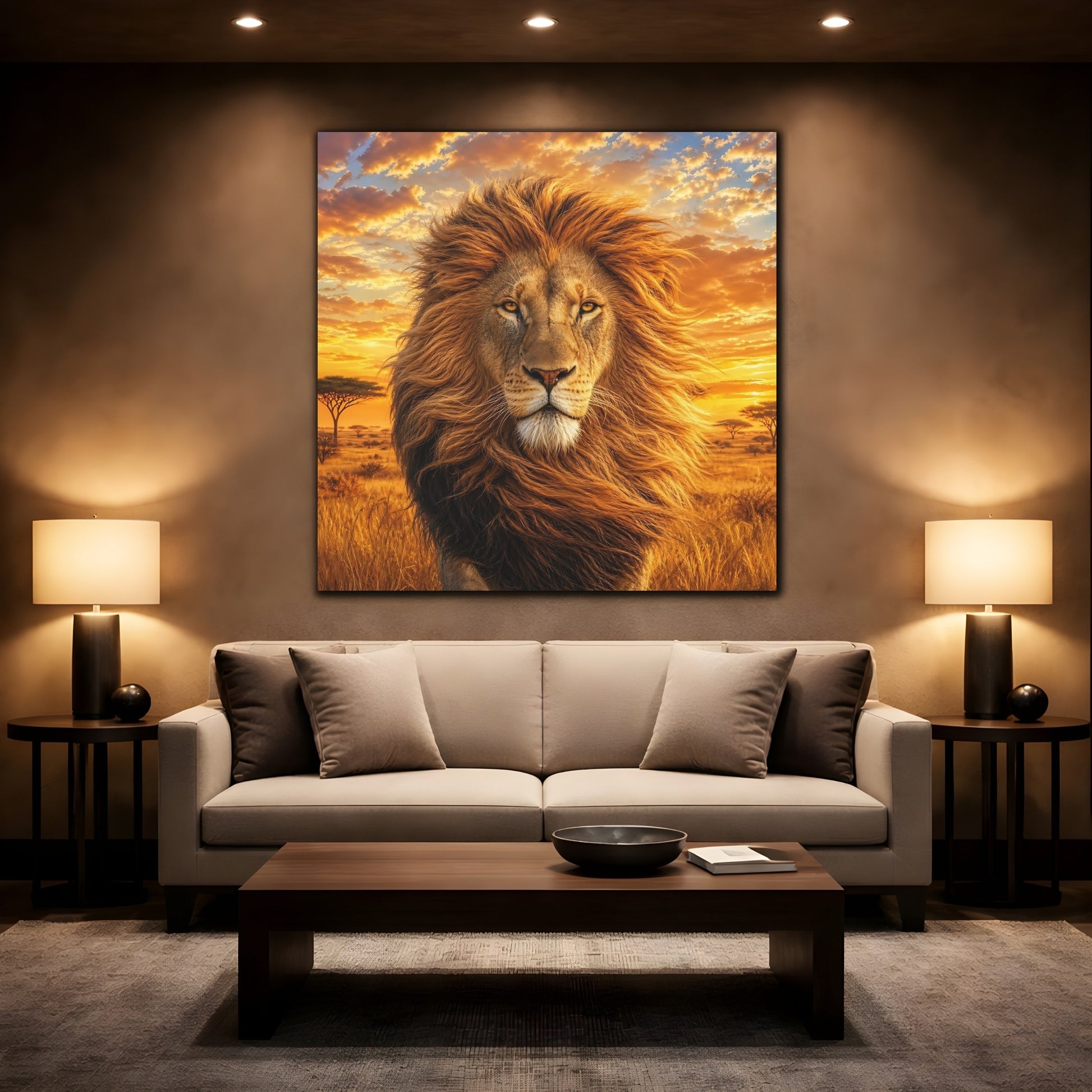 Mockup 2. Animals Lion Golden Lion shown as stretched canvas wall art