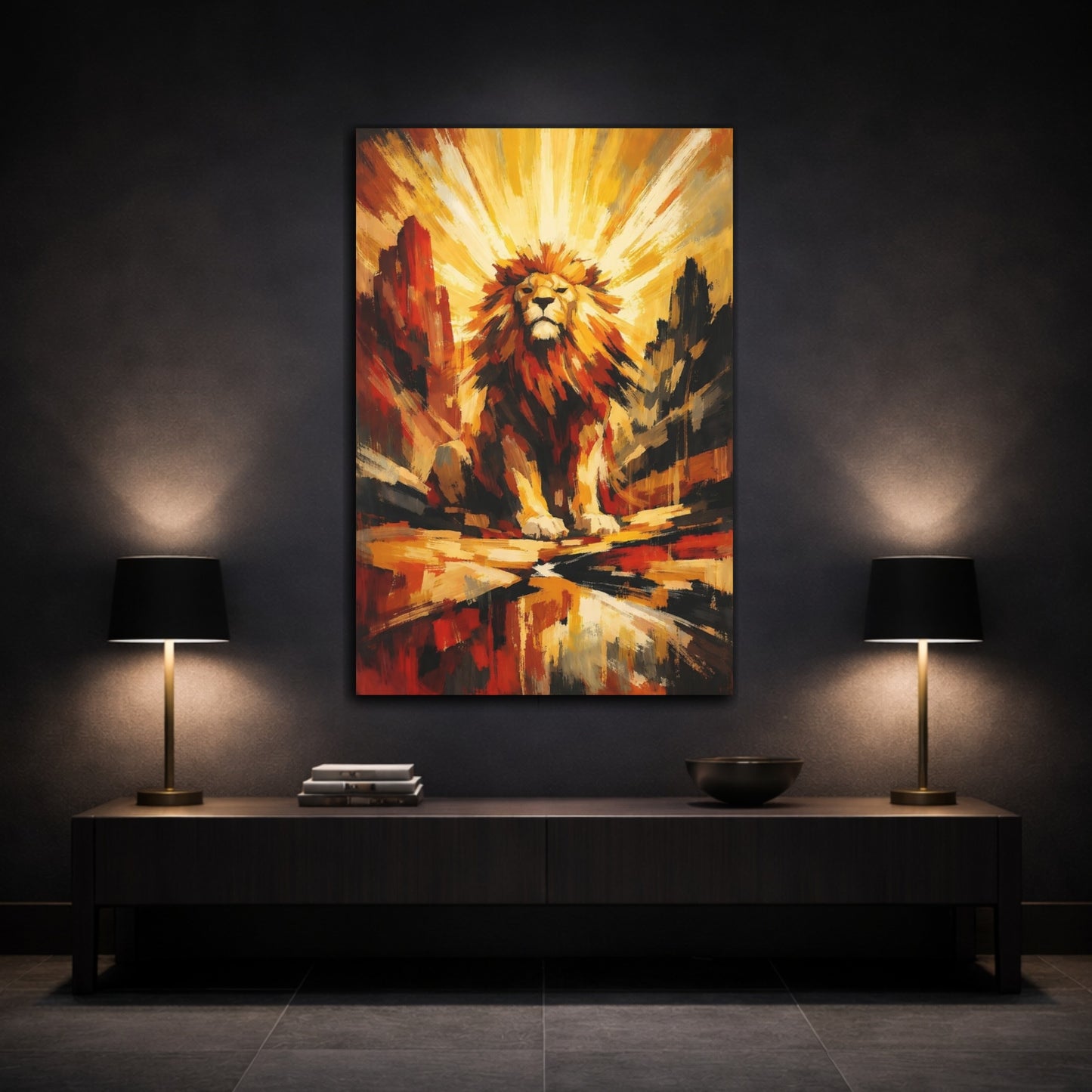 Mockup 2. Animals Lion Golden Lion shown as stretched canvas wall art