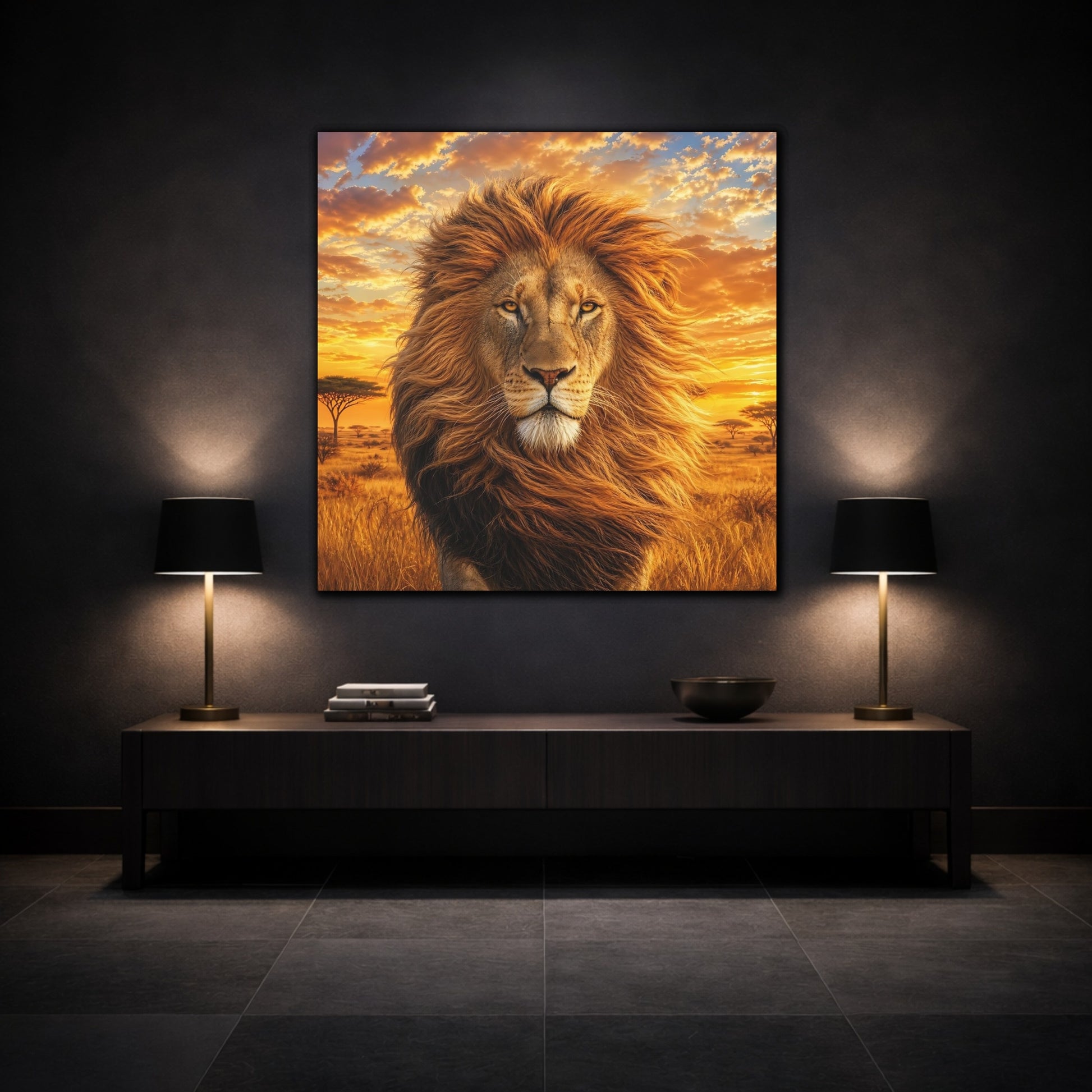 Mockup 3. Animals Lion Golden Lion shown as stretched canvas wall art