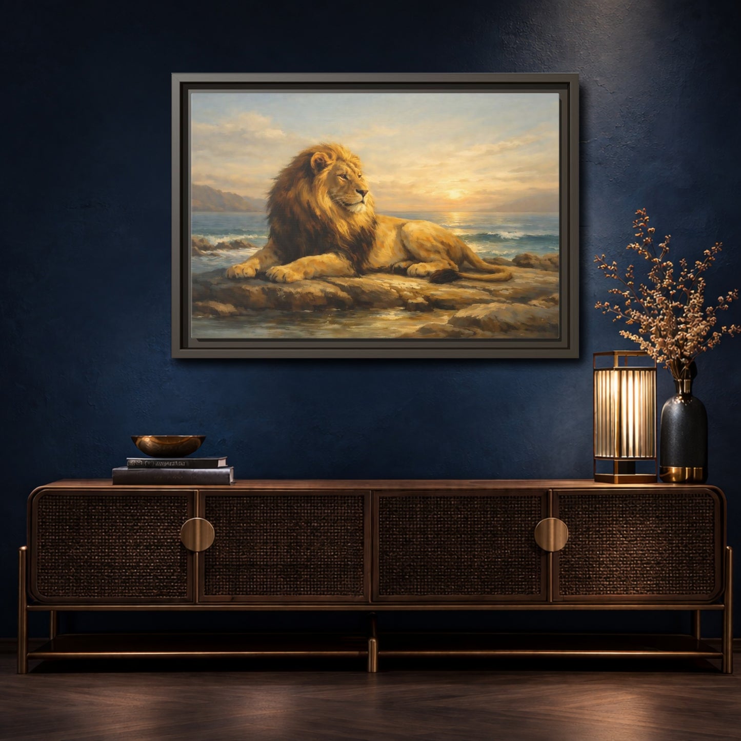 Mockup 4. Animals Lion Golden Lion shown as stretched canvas wall art