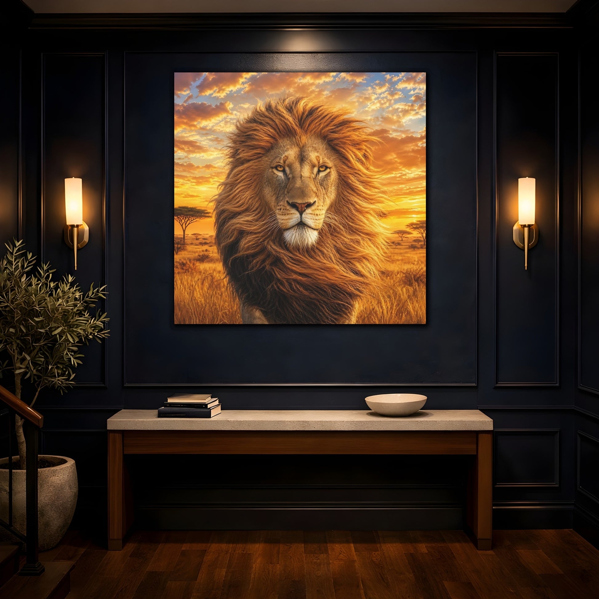 Mockup 4. Animals Lion Golden Lion shown as stretched canvas wall art