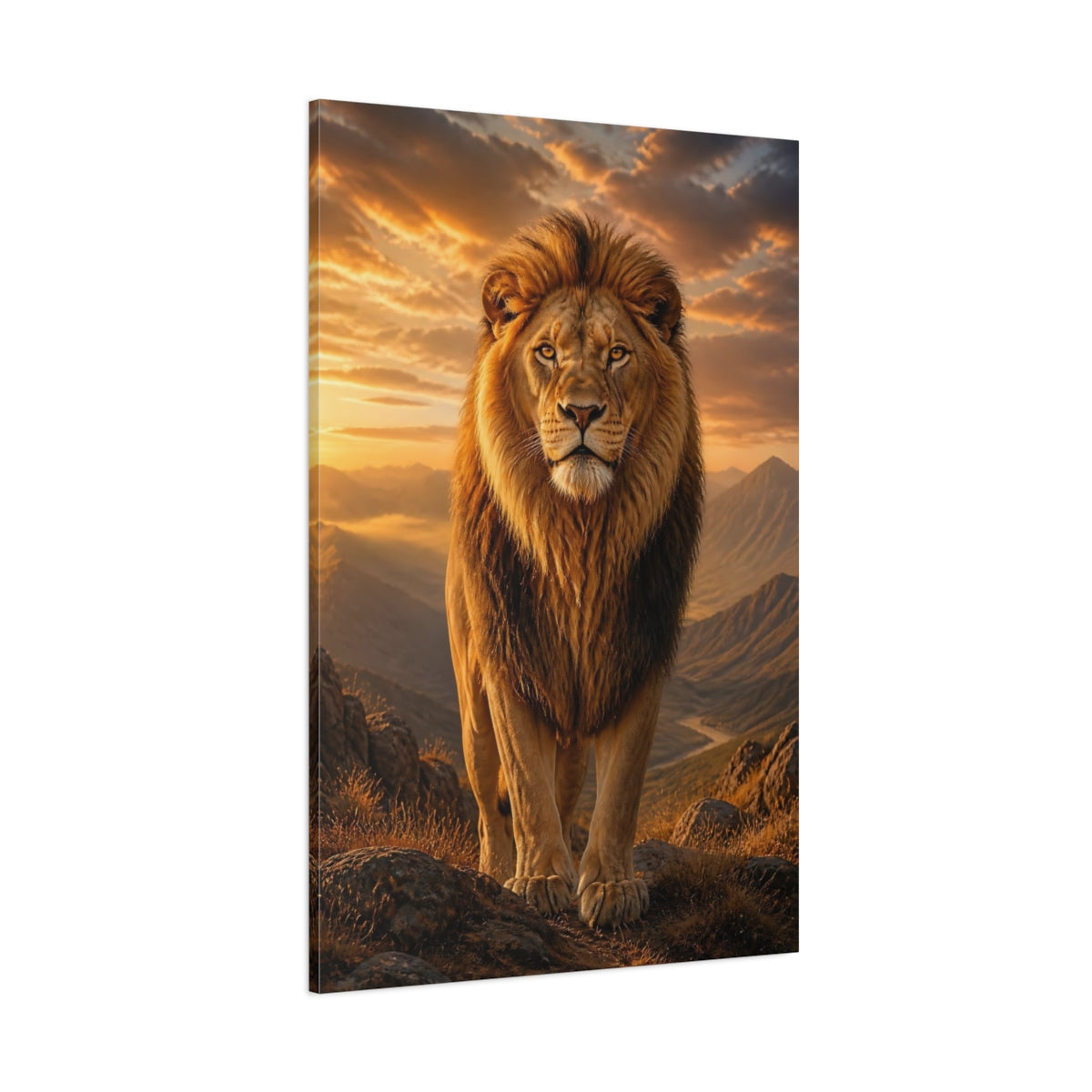 Side Mockup 1. Animals Lion Golden Orange Lion shown as stretched canvas wall art