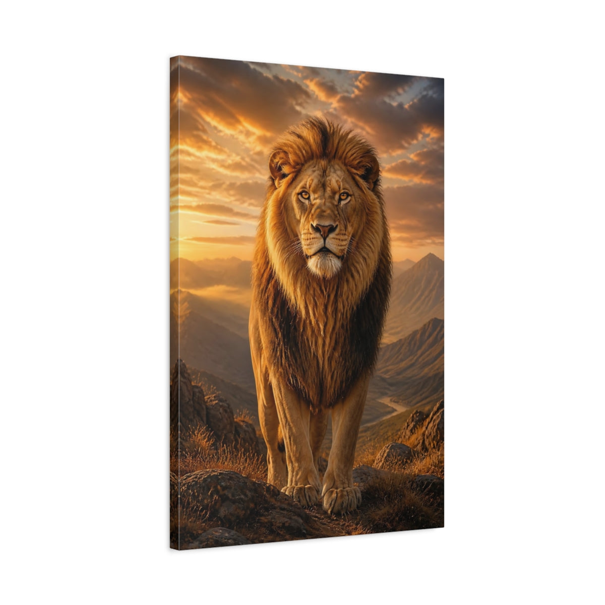 Side Mockup 2. Animals Lion Golden Orange Lion shown as stretched canvas wall art